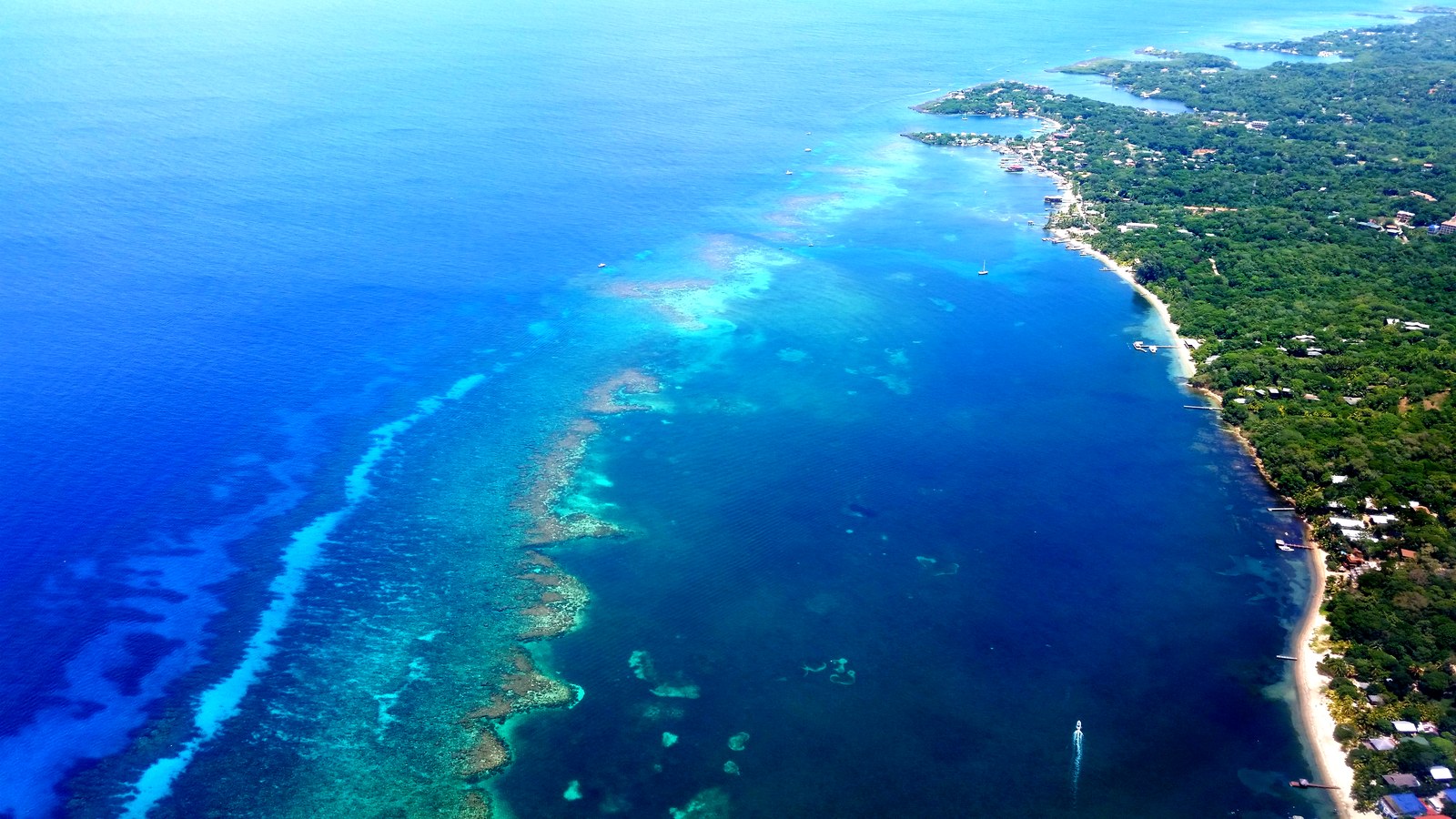 Aerial view of Roatán's coast with the barrier reef line visible in the turquoise water